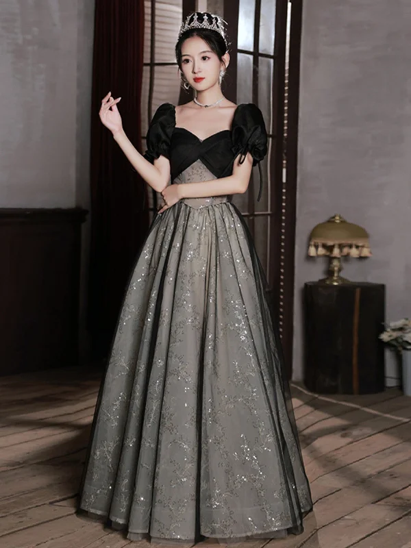 Black Tulle A-line Short Sleeves Sweetheart Party Dress, Black Tulle Prom Dress Tunics Stylish elegant Black Tulle A-line Short Sleeves Sweetheart Party Dress, Black Tulle Prom Dress Tunics Stylish elegant