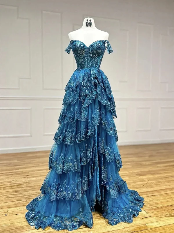 Blue Tulle Beaded with Lace Sweetheart Long Party Dress, Off Shoulder Blue Prom Dress Tunics Evening elegant Blue Tulle Beaded with Lace Sweetheart Long Party Dress, Off Shoulder Blue Prom Dress Tunics Evening elegant