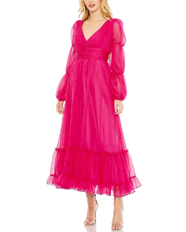 Mac Duggal Chiffon Ruched Tiered Puff Sleeve A-Line Dress Square Neckline Feminine