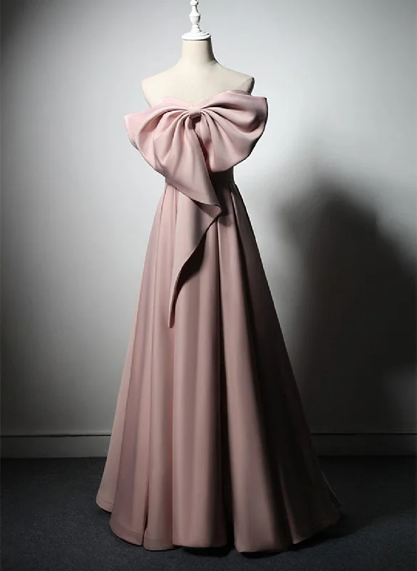 Pink Satin with Bow A-line Long Prom Dress, Pink Satin Formal Dress Party Dress Tunics Spring floral Pink Satin with Bow A-line Long Prom Dress, Pink Satin Formal Dress Party Dress Tunics Spring floral