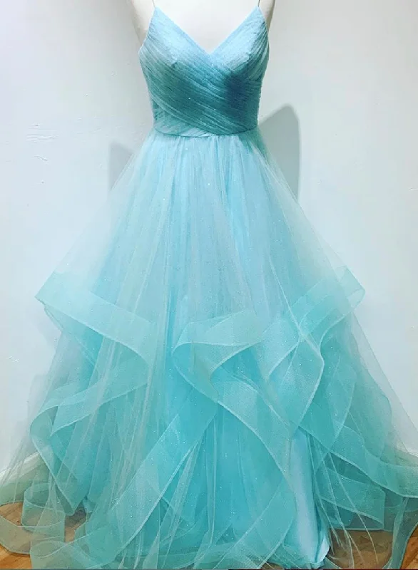 Light Blue V-neckline Straps Layers Long Party Dress, Light Blue Evening Dress Formal Dress Tunics Trendy modern Light Blue V-neckline Straps Layers Long Party Dress, Light Blue Evening Dress Formal Dress Tunics Trendy modern