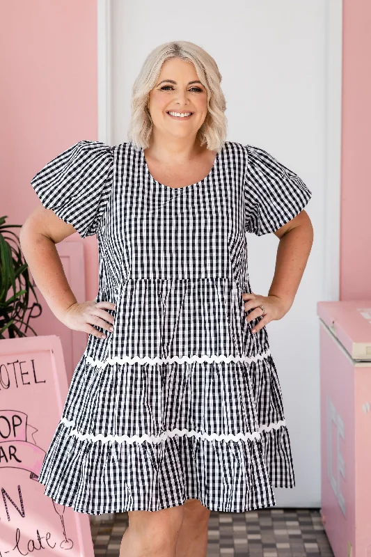 Greta Party Dress in Gingham Black Tunics Gym athletic