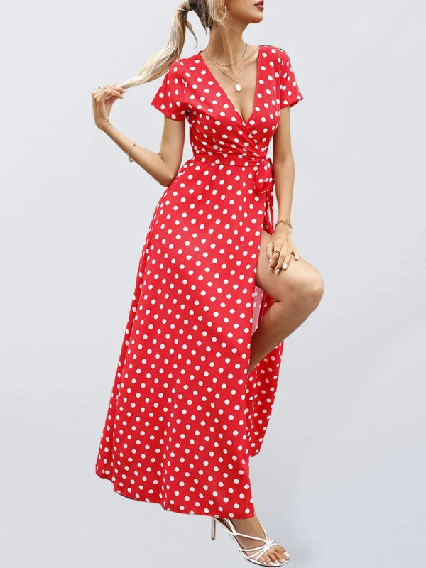 Casual Waist Short Sleeve Polka Dot Slit Dress Tunics Brand named