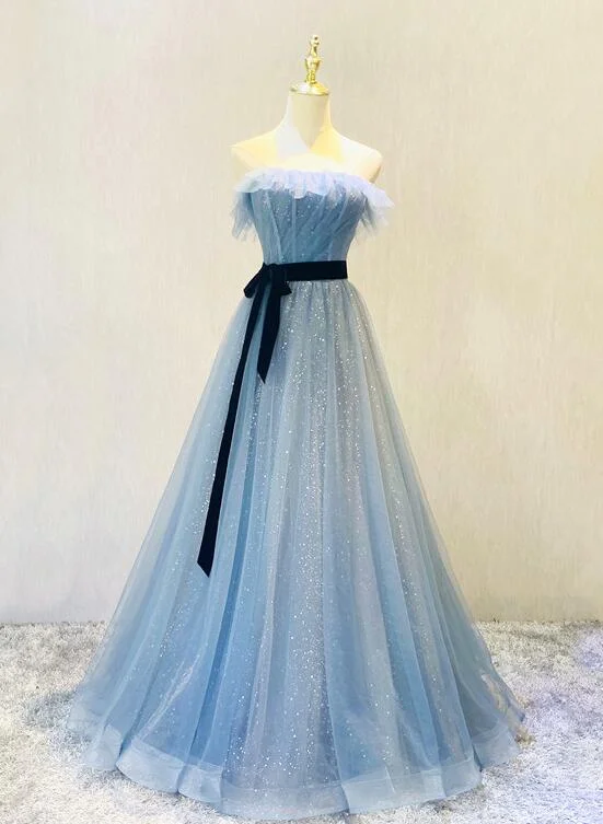 Beautiful Blue Tulle Shiny Long Party Dress with Belt, A-line Blue Formal Dresses Tunics Cozy soft Beautiful Blue Tulle Shiny Long Party Dress with Belt, A-line Blue Formal Dresses Tunics Cozy soft