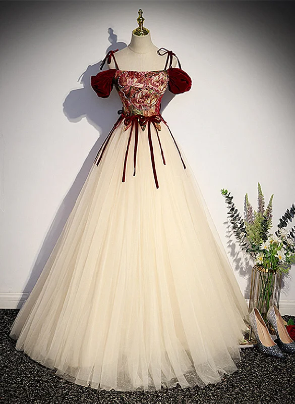Wine Red Top Straps Tulle Long A-line Prom Dress, Floor Length Party Dress Tunics Ceremony elegant Wine Red Top Straps Tulle Long A-line Prom Dress, Floor Length Party Dress Tunics Ceremony elegant