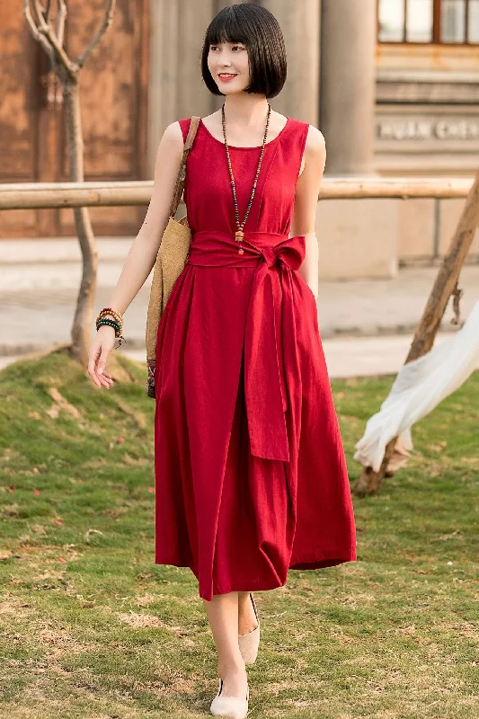 sleeveless pleated cotton linen dress with belt 2802 Tunics Cozy comfortable