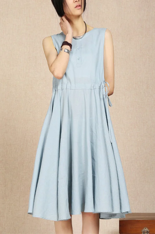 Summer Sleeveless Cotton Linen Round Neck Simple Dress 3689 Tunics Party sparkling