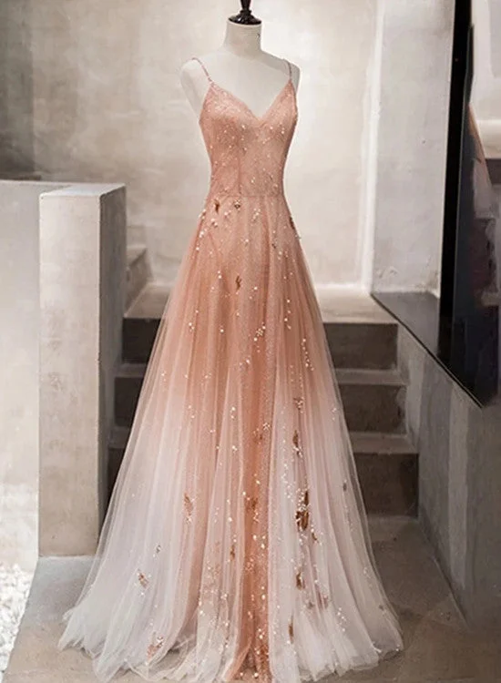 Charming Pink Tulle Straps Long Beaded Evening Gown, Straps Long Party Dress Tunics Travel practical