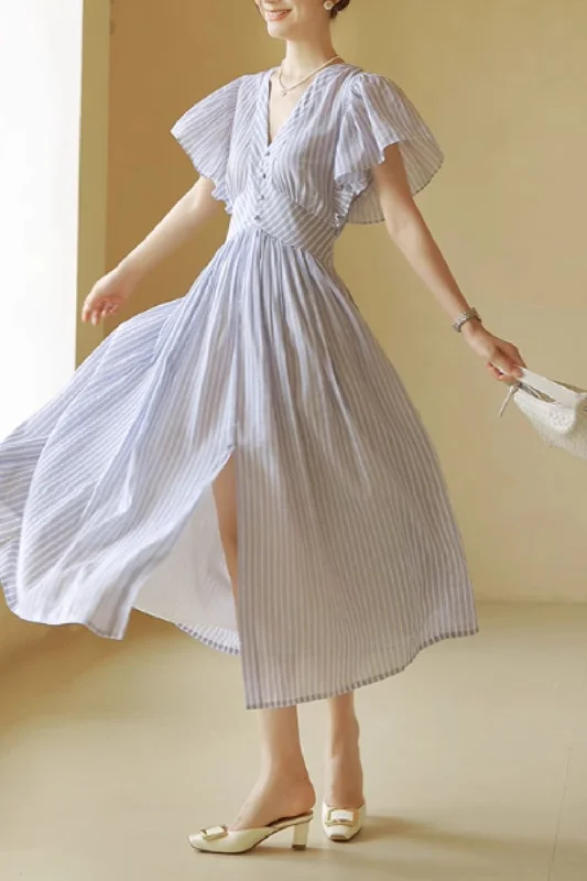 High waist prom summer striple linen dress 4843 Tunics Versatile all-occasion