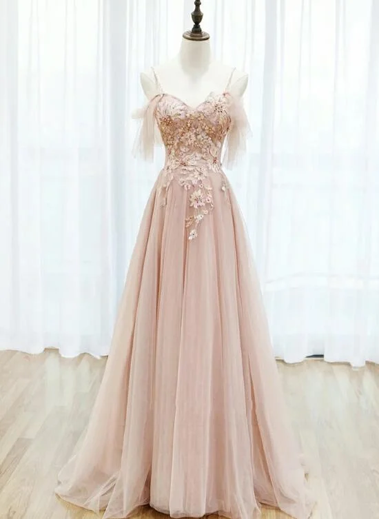 Pink Tulle Lace Applique Flowers Off Shoulder Long Party Dress, Pink A-line Prom Dress Tunics Summer linen Pink Tulle Lace Applique Flowers Off Shoulder Long Party Dress, Pink A-line Prom Dress Tunics Summer linen