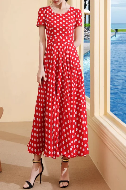 Red and white polka dot long chiffon dress 5019 Tunics Print Colorful