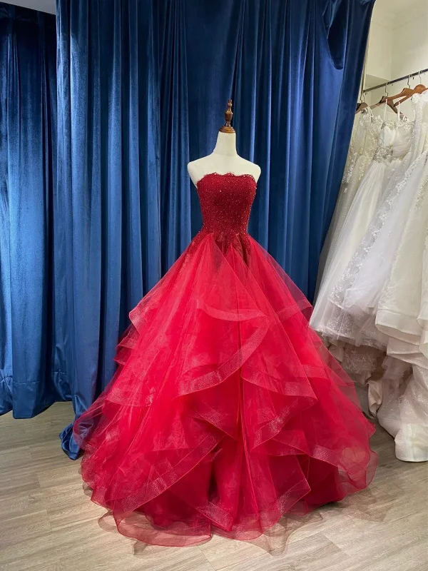 Wine Red Tulle with Lace Applique Party Dress, Wine Red Tulle Layers Long Prom Dress Tunics Bridal satin Wine Red Tulle with Lace Applique Party Dress, Wine Red Tulle Layers Long Prom Dress Tunics Bridal satin