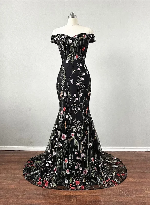 Black Floral Lace Mermaid Off Shoulder Long Party Dress, Black Evening Dress Prom Dress Tunics Short Trendy Black Floral Lace Mermaid Off Shoulder Long Party Dress, Black Evening Dress Prom Dress Tunics Short Trendy