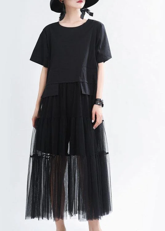 Unique Black O-Neck Patchwork Tulle Summer Party Dress Tunics Yoga stretchy