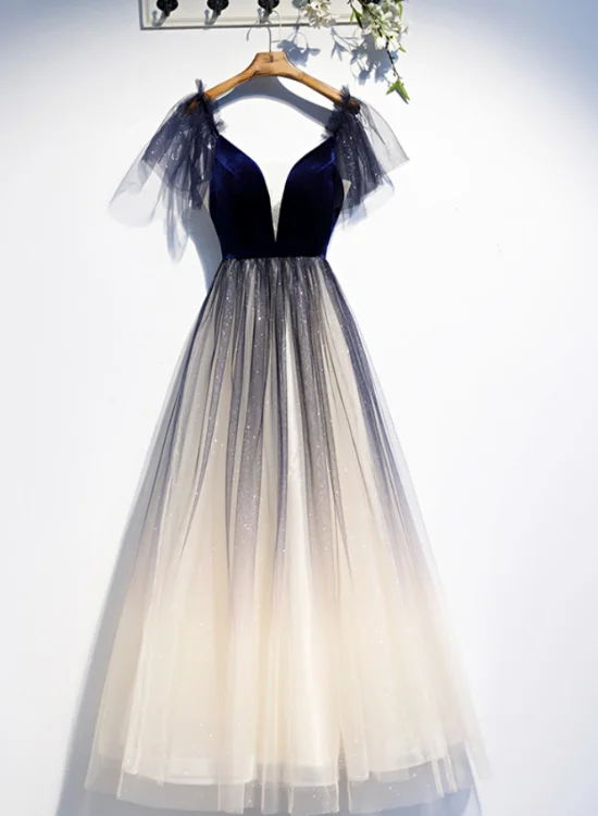 Beautiful Blue Gradient Tulle Short Sleeves Party Dresses, Blue Evening Dress Prom Dresses Tunics Silk luxurious Beautiful Blue Gradient Tulle Short Sleeves Party Dresses, Blue Evening Dress Prom Dresses Tunics Silk luxurious