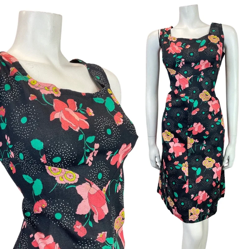 VINTAGE 60s 70s BLACK PINK GREEN FLORAL ROSE DOTTY SUMMER SUN DRESS 12 Tunics Party sparkling