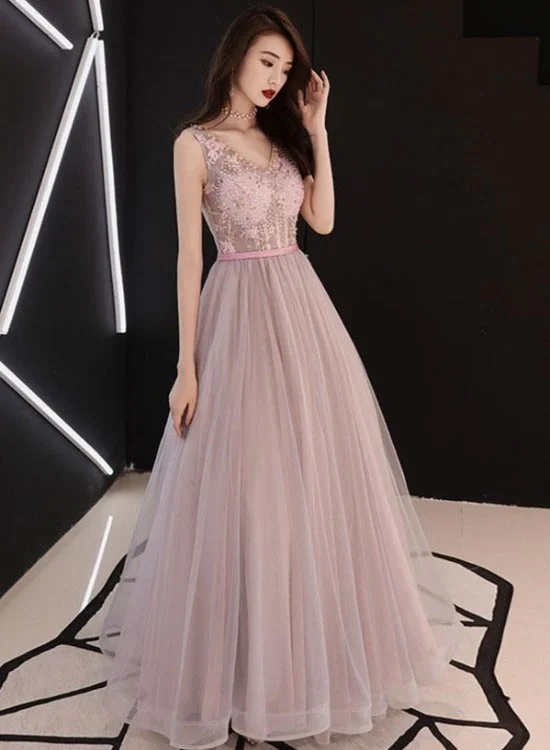 Pink V-neckline Beaded Tulle with Lace Floor Length Party Dress, Pink Evening Dresses Tunics Exclusive limited Pink V-neckline Beaded Tulle with Lace Floor Length Party Dress, Pink Evening Dresses Tunics Exclusive limited