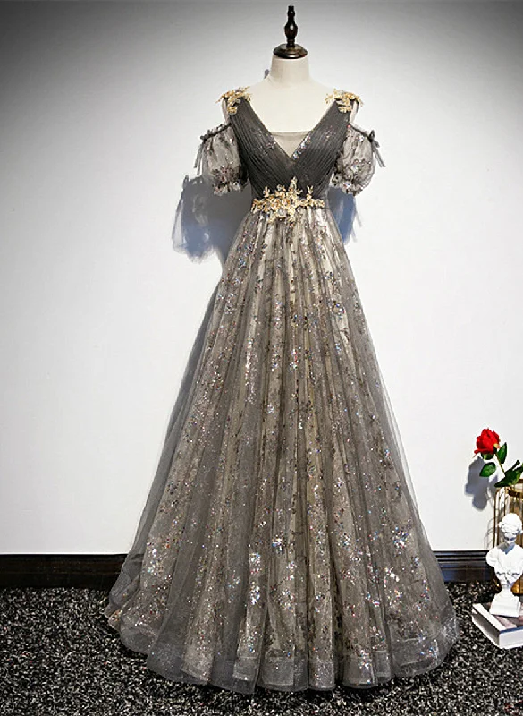 Grey Purple V-neckline Tulle with Lace Prom Dress, Off Shoulder A-line Party Dress Tunics Prom sequined Grey Purple V-neckline Tulle with Lace Prom Dress, Off Shoulder A-line Party Dress Tunics Prom sequined