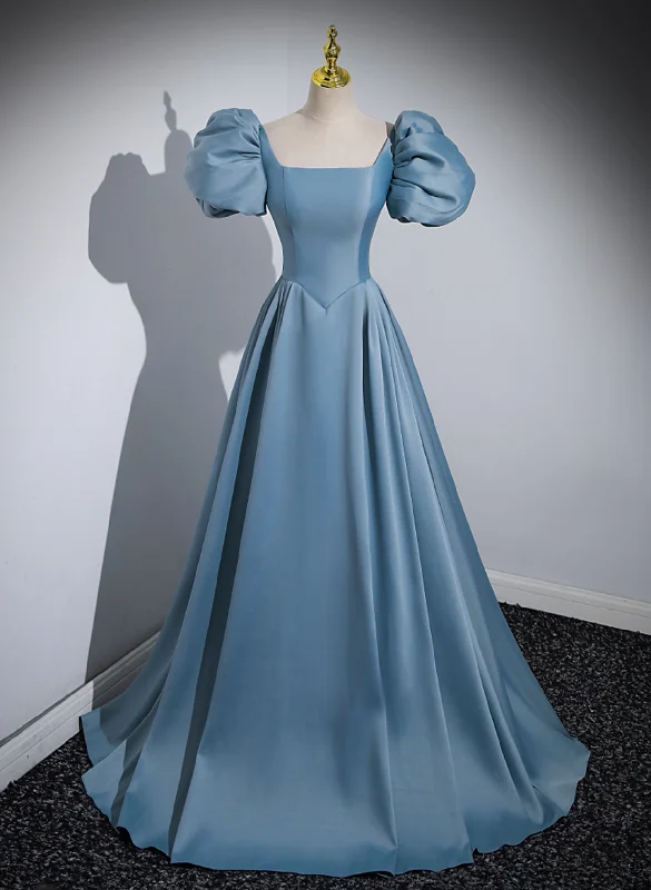 A-line Blue Satin Short Sleeves Long Party Dress, Blue Short Sleeves Prom Dress empire Waist empire A-line Blue Satin Short Sleeves Long Party Dress, Blue Short Sleeves Prom Dress empire Waist empire