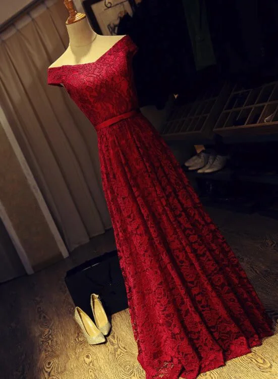 Dark Red Lace Off Shoulder Long Formal Gown with Belt, Pretty Party Dress, Prom Dress Tunics Satin smooth Dark Red Lace Off Shoulder Long Formal Gown with Belt, Pretty Party Dress, Prom Dress Tunics Satin smooth