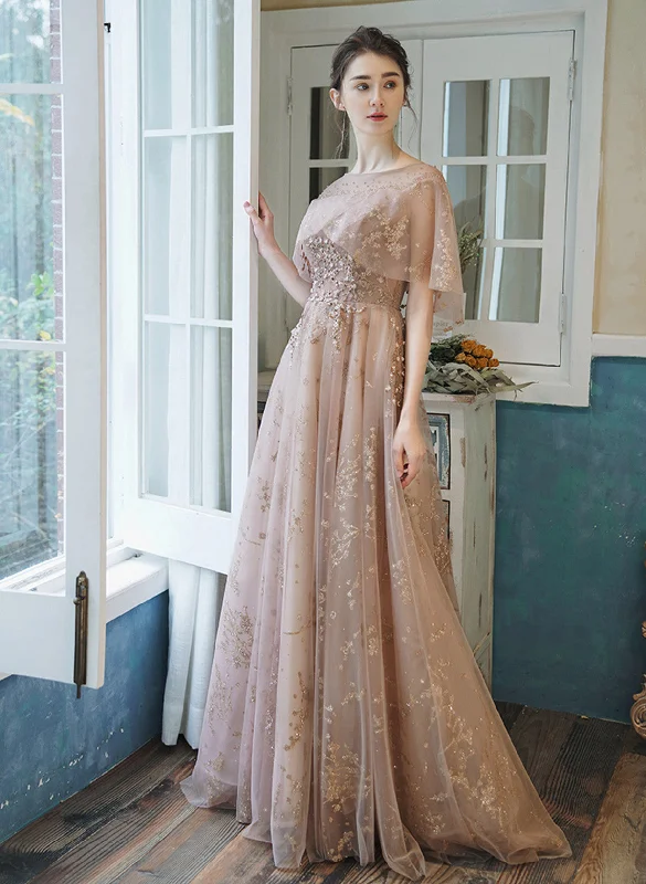 Dark Pink Tulle with Lace Applique Long Party Dress, Pink Tulle A-line Prom Dress Boatneck Modish Everyday Dark Pink Tulle with Lace Applique Long Party Dress, Pink Tulle A-line Prom Dress Boatneck Modish Everyday