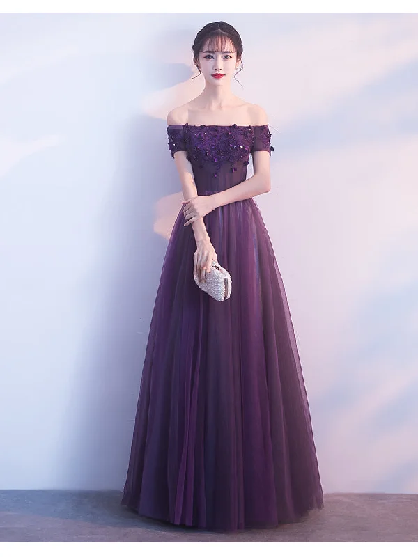 Off Shoulder Purple Tulle with Lace Applique Party Dress, Purple Prom Dress Halter Neckline Beach Off Shoulder Purple Tulle with Lace Applique Party Dress, Purple Prom Dress Halter Neckline Beach