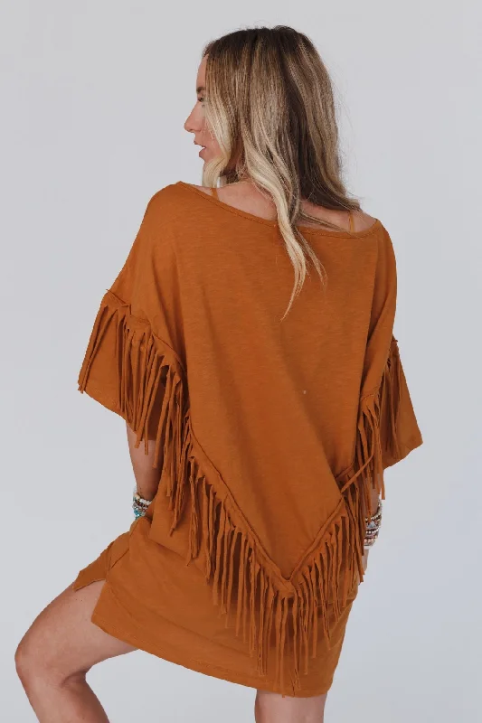 Comfy Fringe Tee Dress - Camel Tunics Trendy modern