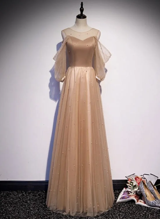 Champagne Tulle Long Puffy Sleeves Party Dresses, Beautiful Floor Length Prom Dresses Tunics Top rated Champagne Tulle Long Puffy Sleeves Party Dresses, Beautiful Floor Length Prom Dresses Tunics Top rated