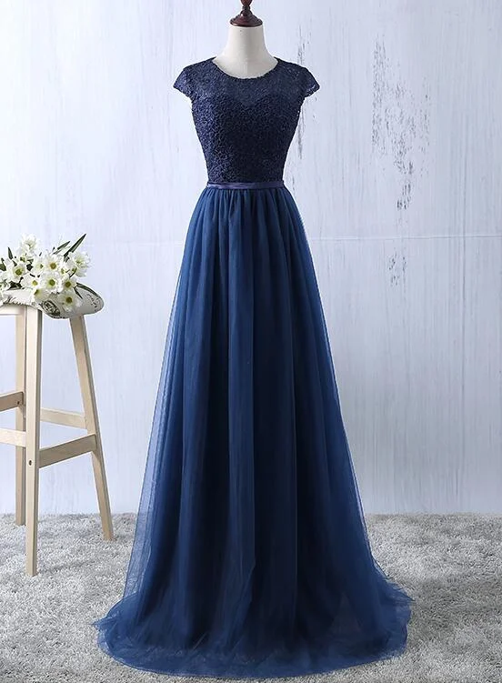 Charming Navy Blue Tulle and Lace Long Bridesmaid Dress, Long Party Dress Tunics Print Colorful Charming Navy Blue Tulle and Lace Long Bridesmaid Dress, Long Party Dress Tunics Print Colorful