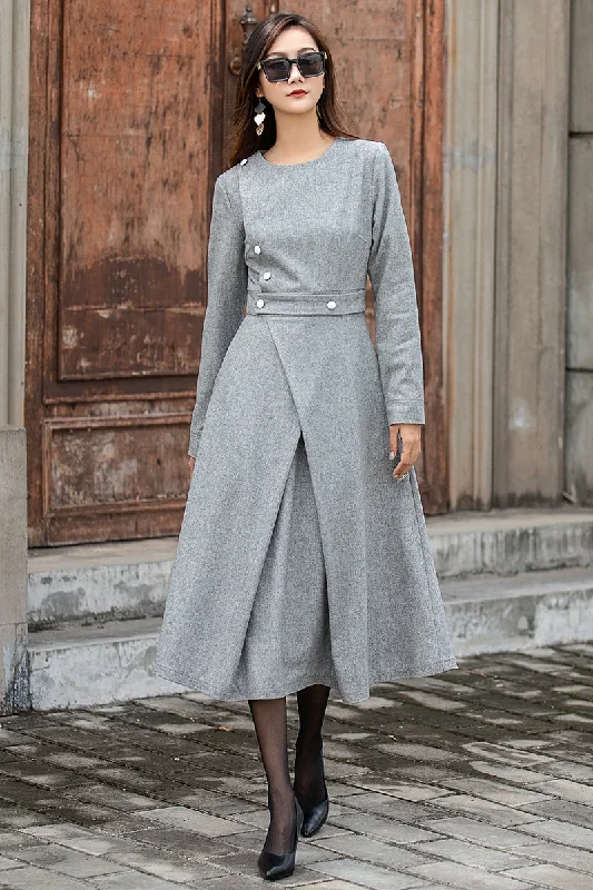 Women Grey Long Sleeve Wool Dress 3849 Bodycon Club Sequined