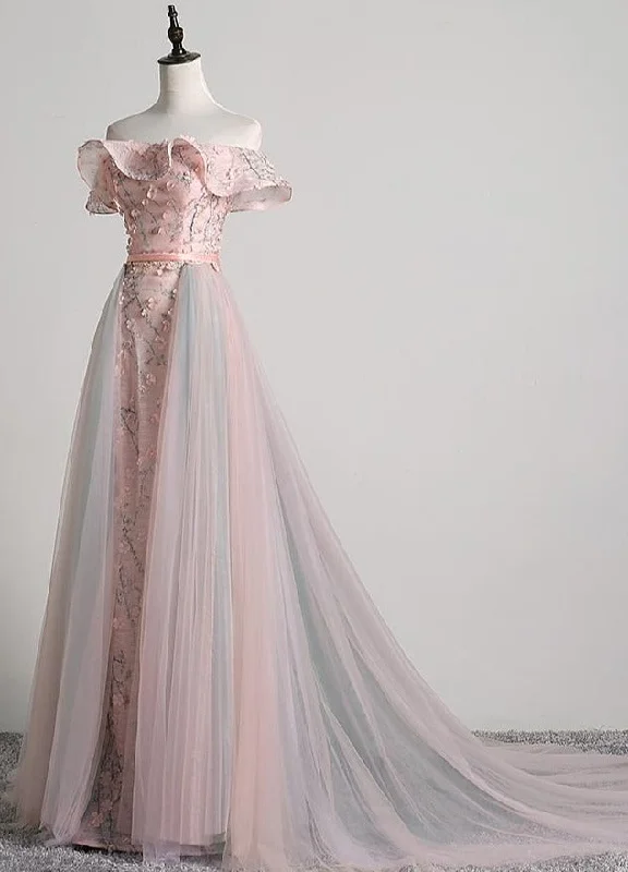 Pink Floral Lace Off Shoulder Long Party Dress with Tulle Train, Charming Pink Evening Dress High-Low Hemline Casual Pink Floral Lace Off Shoulder Long Party Dress with Tulle Train, Charming Pink Evening Dress High-Low Hemline Casual
