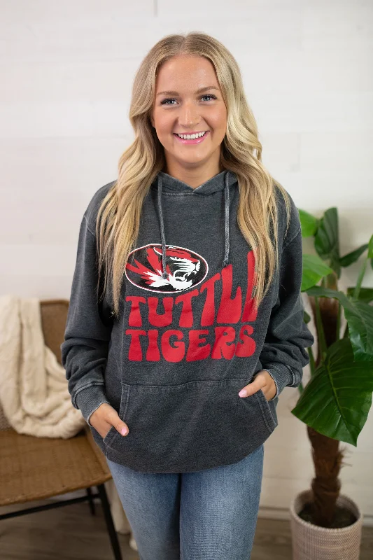 Tuttle Tigers Hoodie-Charcoal Hoodie with Frayed Bohemian Relaxed