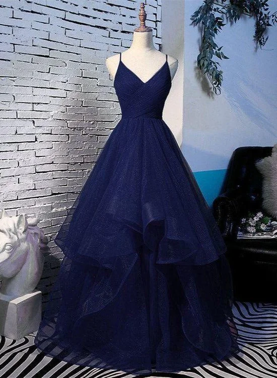 Beautiful Navy Blue Tulle V-neckline Straps Long Party Dress, Blue Formal Gown Tunics Office stylish