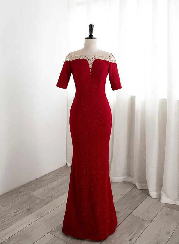 Red Mermaid Round Neckline Short Sleeves Party Dress, Red Evening Gown Tunics Chic fashionable Red Mermaid Round Neckline Short Sleeves Party Dress, Red Evening Gown Tunics Chic fashionable
