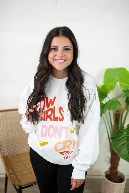 Cowgirls Don't Cry Sweatshirt-White Hoodie with Ribbed Cuffs Snug Fit Comfort
