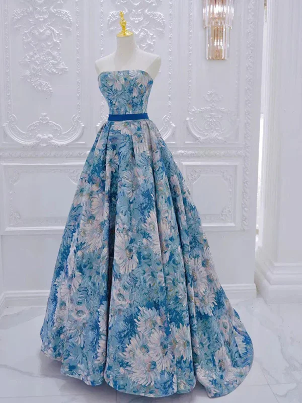 Blue Strapless A-line Floral Long Party Dress, Blue Floral Prom Dress Evening Dress Tunics Designer luxury Blue Strapless A-line Floral Long Party Dress, Blue Floral Prom Dress Evening Dress Tunics Designer luxury