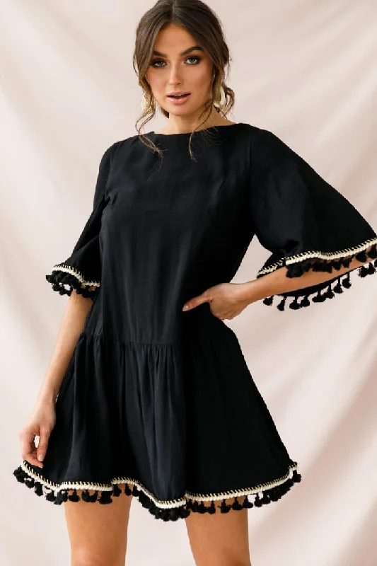 Donna Dropped Waist Tassel Dress Black Tunics Trousers formal