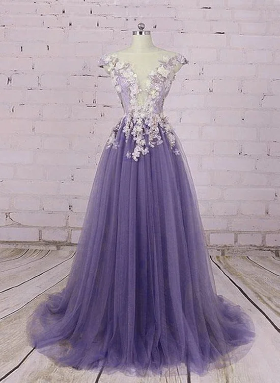 Light Purple Tulle Floral Long A-line Prom Dress Wedding Party Dress, Lace Flowers Party Dress Tunics Vintage classic Light Purple Tulle Floral Long A-line Prom Dress Wedding Party Dress, Lace Flowers Party Dress Tunics Vintage classic