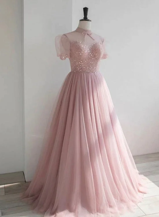 Pink High Neckline Beaded Tulle Short Sleeves Party Dress, Lovely Pink Formal Dresses Tunics Brand named Pink High Neckline Beaded Tulle Short Sleeves Party Dress, Lovely Pink Formal Dresses Tunics Brand named