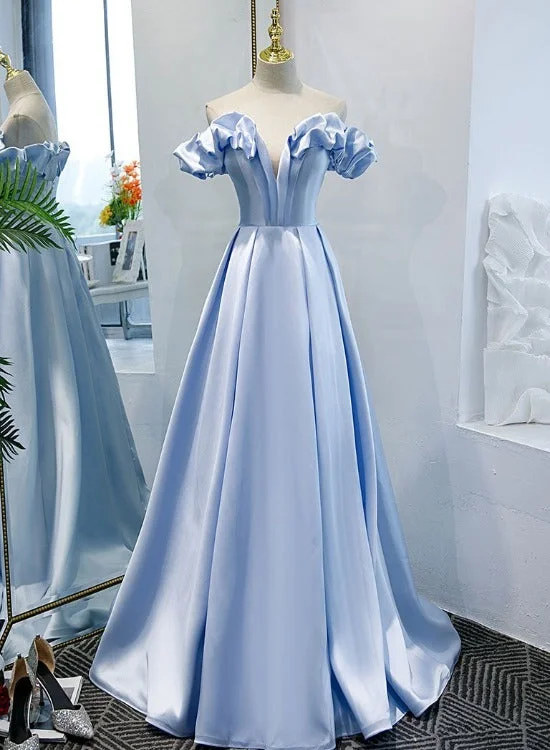 Blue Satin Simple Off Shoulder Long Party Dress 2022, A-line Light Blue Prom Dresses Tunics Distressed trendy Blue Satin Simple Off Shoulder Long Party Dress 2022, A-line Light Blue Prom Dresses Tunics Distressed trendy