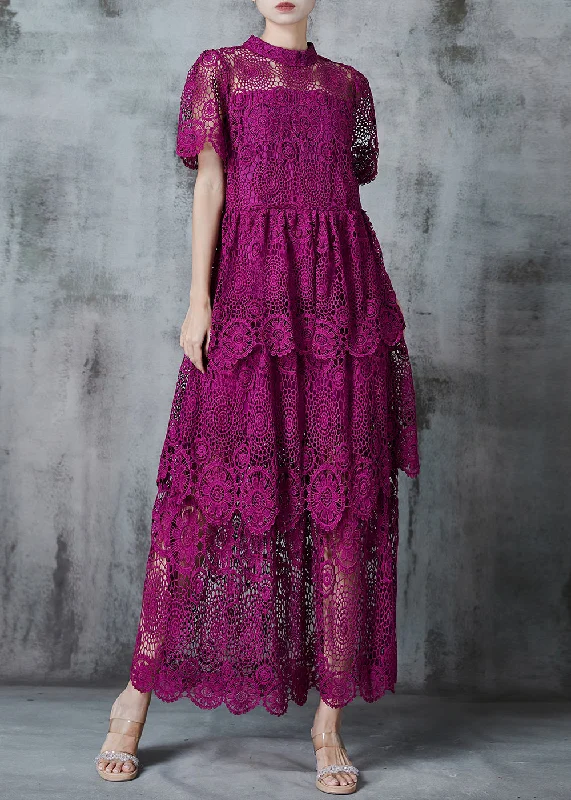 French Purple Lace Party Dress Stand Collar Summer Square Neckline Feminine