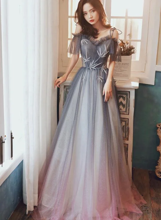 Beautiful Off Shoulder Gradient Shiny Tulle Party Dress, A-line Tulle Prom Dresses Tunics Gym athletic