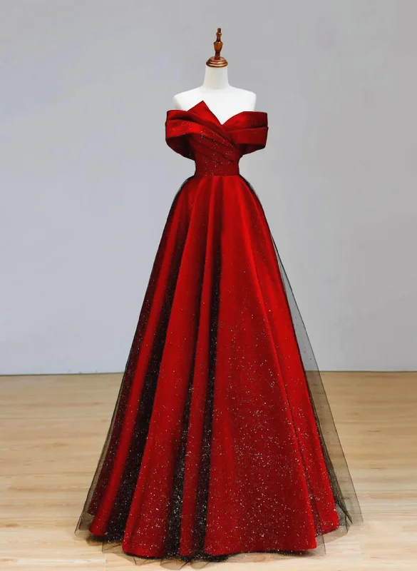Red Satin and Black Tulle A-line Off Shoulder Party Dress, Simple A-line Prom Dress A-Line Day Work Red Satin and Black Tulle A-line Off Shoulder Party Dress, Simple A-line Prom Dress A-Line Day Work