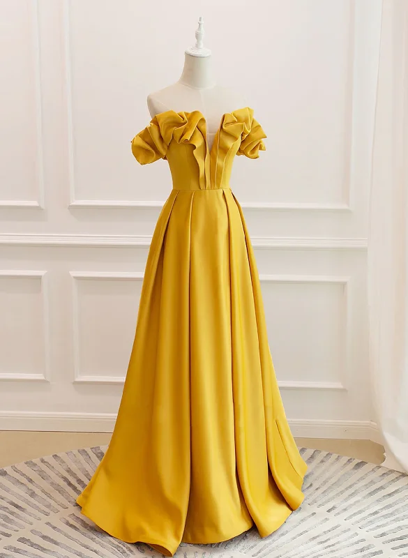 Yellow Satin A-line Sweetheart Off Shoulder Party Dress, Yellow Long Prom Dress Chiffon Maxi Beach Yellow Satin A-line Sweetheart Off Shoulder Party Dress, Yellow Long Prom Dress Chiffon Maxi Beach
