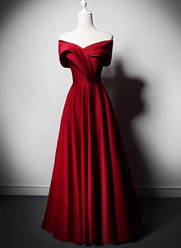 Wine Red Satin Off Shoulder Long Party Dress, A-line Wine Red Floor Length Prom Dress Bodycon Fitted Nightout Wine Red Satin Off Shoulder Long Party Dress, A-line Wine Red Floor Length Prom Dress Bodycon Fitted Nightout