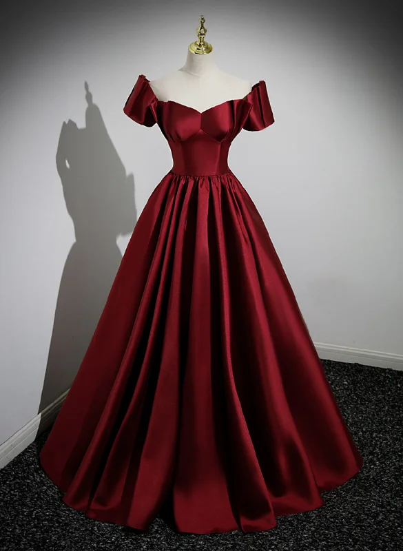 Wine Red Satin Short Sleeves Long Party Dress, Simple Wine Red Satin Prom Dress Tunics Fall fleece