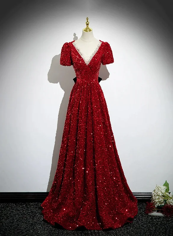 Wine Red Sequins V-neckline Short Sleeves Party Dress, Wine Red Evening Dress Tunics Luxurious high-end Wine Red Sequins V-neckline Short Sleeves Party Dress, Wine Red Evening Dress Tunics Luxurious high-end