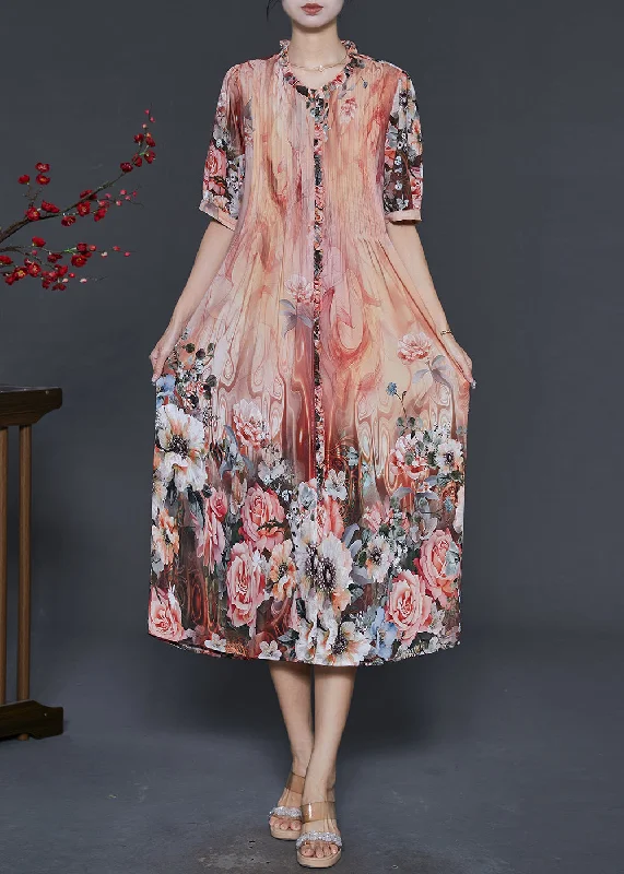 Organic Orange Ruffled Print Silk Party Dress Summer Tunics Bridal satin