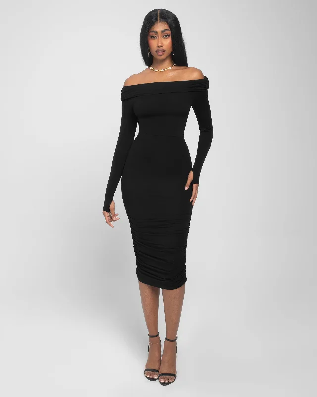 Shapey Off Shoulder Ruched Dress - Black Tunics Sophisticated sleek