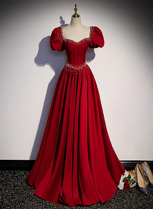 Wine Red Satin Long Beaded Floor Length Party Dress, Wine Red Prom Dress Tunics Sophisticated sleek Wine Red Satin Long Beaded Floor Length Party Dress, Wine Red Prom Dress Tunics Sophisticated sleek
